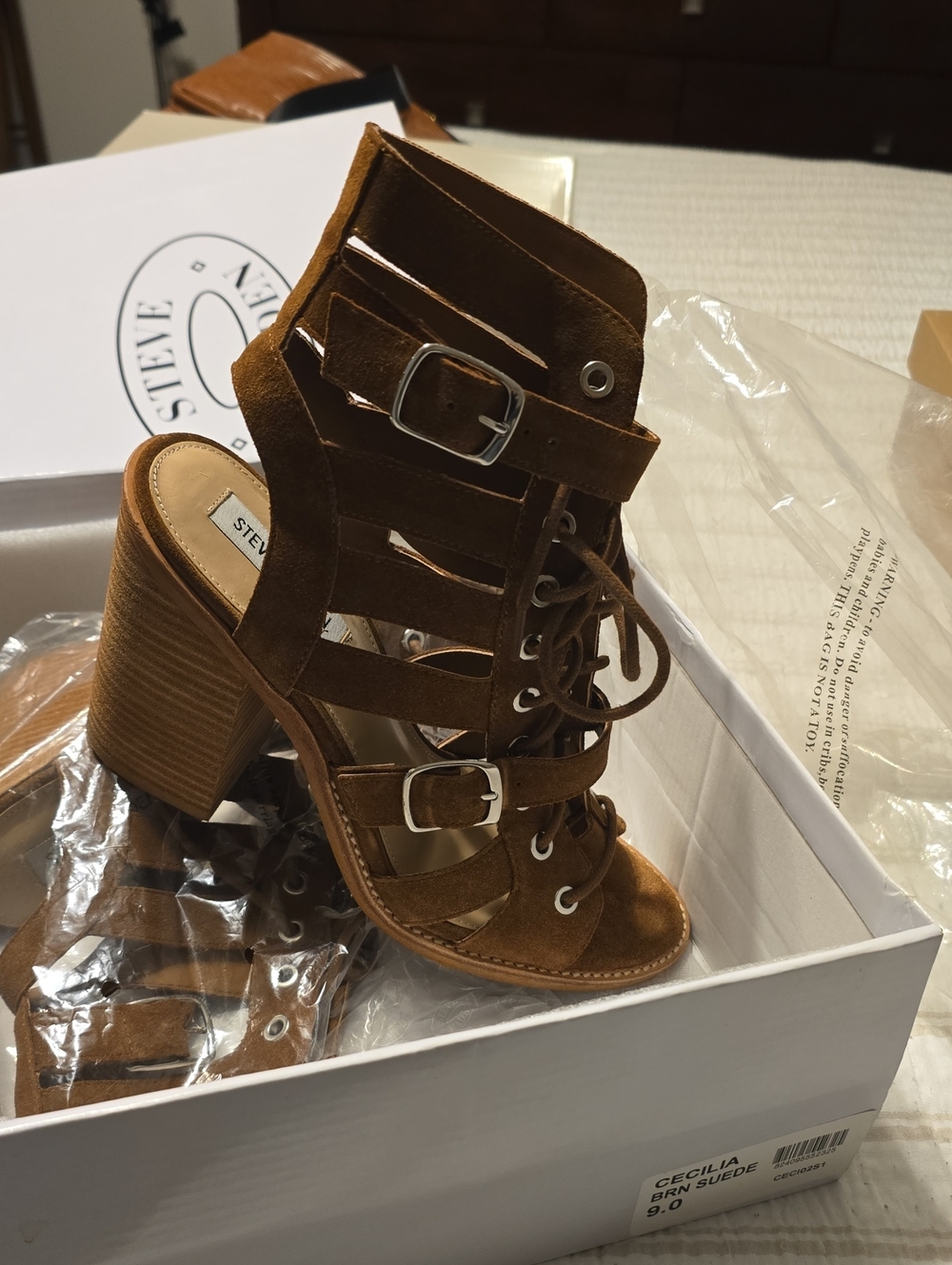 Steve Madden Brown Suede Lace-Up Buckle Block Heel Sandals